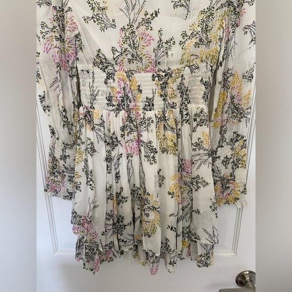 Free People White Sheer Floral Puff Long Sleeve Collared Button Up Flowy Dress - Picture 11 of 15
